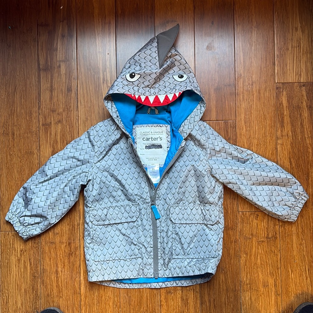 Adorable shark rain coat, Carter’s size 2T unisex